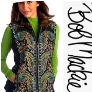 Bob Mackie Wearable Art Embroidered Paisley Vest Faux Fur Collar Small